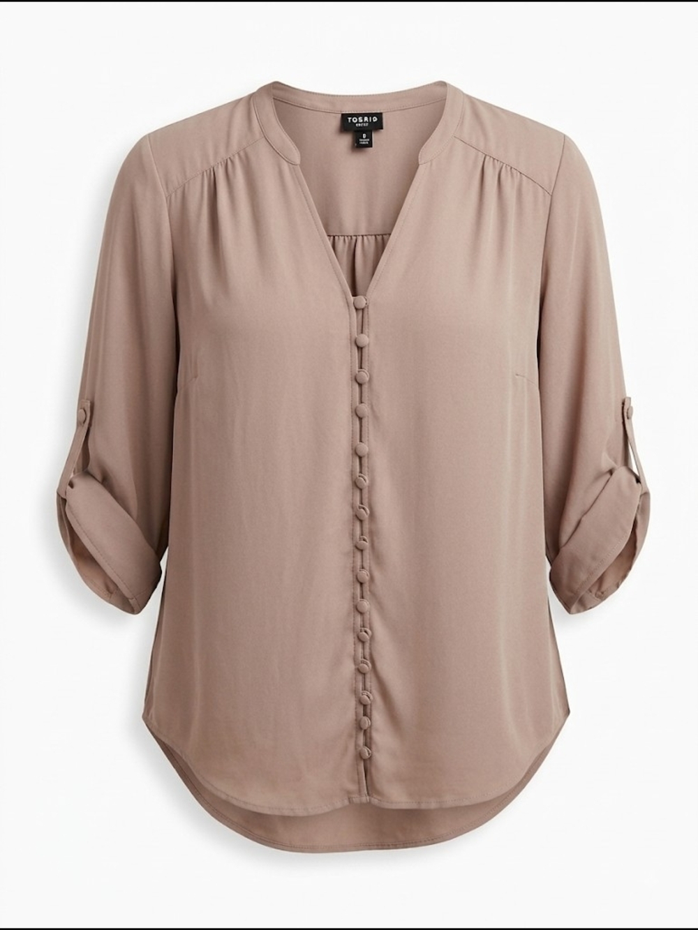 Torrid Harper Georgette Blouse Size 0 Taupe Beige Roll Tab Sleeve Yoke Back